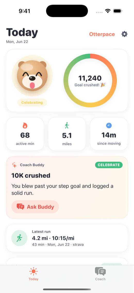Otterpace Today screen